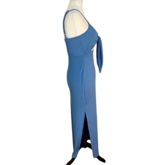 NEW Blue Size Small Tie Front Cutout Bodycon Maxi Dress Slit Spaghetti Strap - Picture 4 of 6